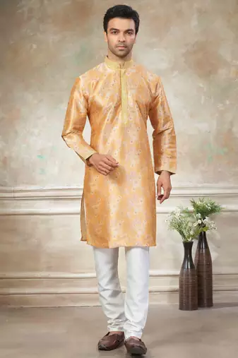Yellow colour cotton with embroidery work kurta payjama menswear collections
