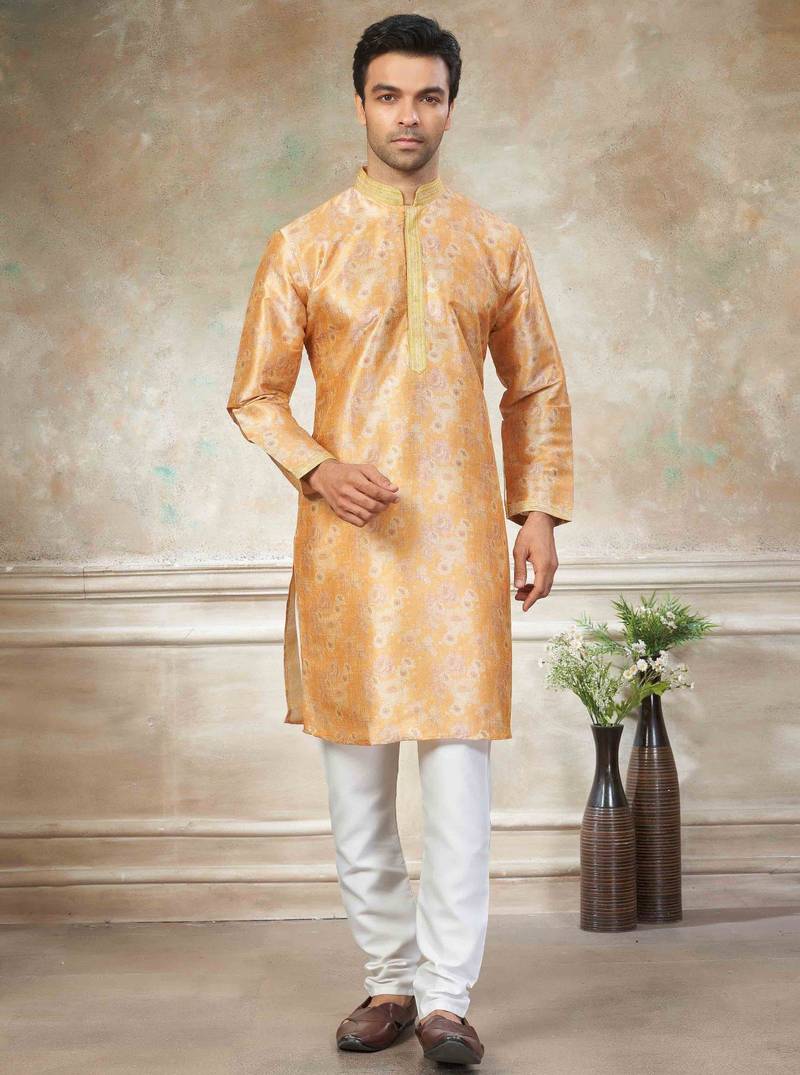 Yellow colour cotton with embroidery work kurta payjama menswear collections