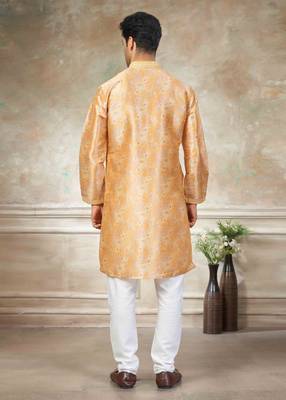 Yellow colour cotton with embroidery work kurta payjama menswear collections 2