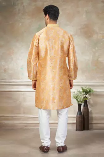 Yellow colour cotton with embroidery work kurta payjama menswear collections