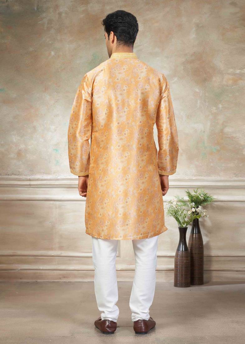 Yellow colour cotton with embroidery work kurta payjama menswear collections