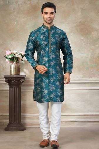 Teal blue colour cotton with embroidery work kurta payjama menswear collections
