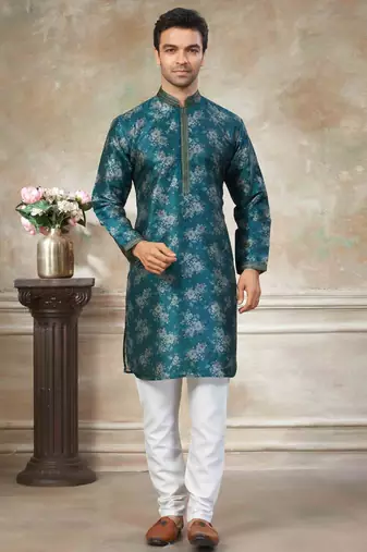 Teal blue colour cotton with embroidery work kurta payjama menswear collections