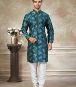 Teal blue colour cotton with embroidery work kurta payjama menswear collections