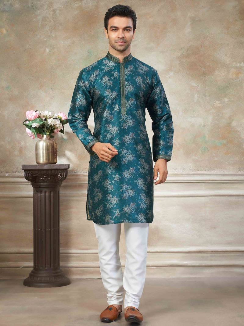Teal blue colour cotton with embroidery work kurta payjama menswear collections
