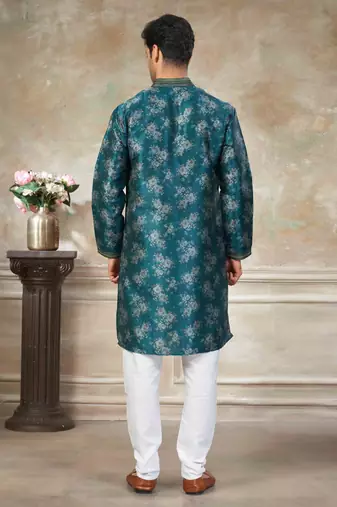 Teal blue colour cotton with embroidery work kurta payjama menswear collections