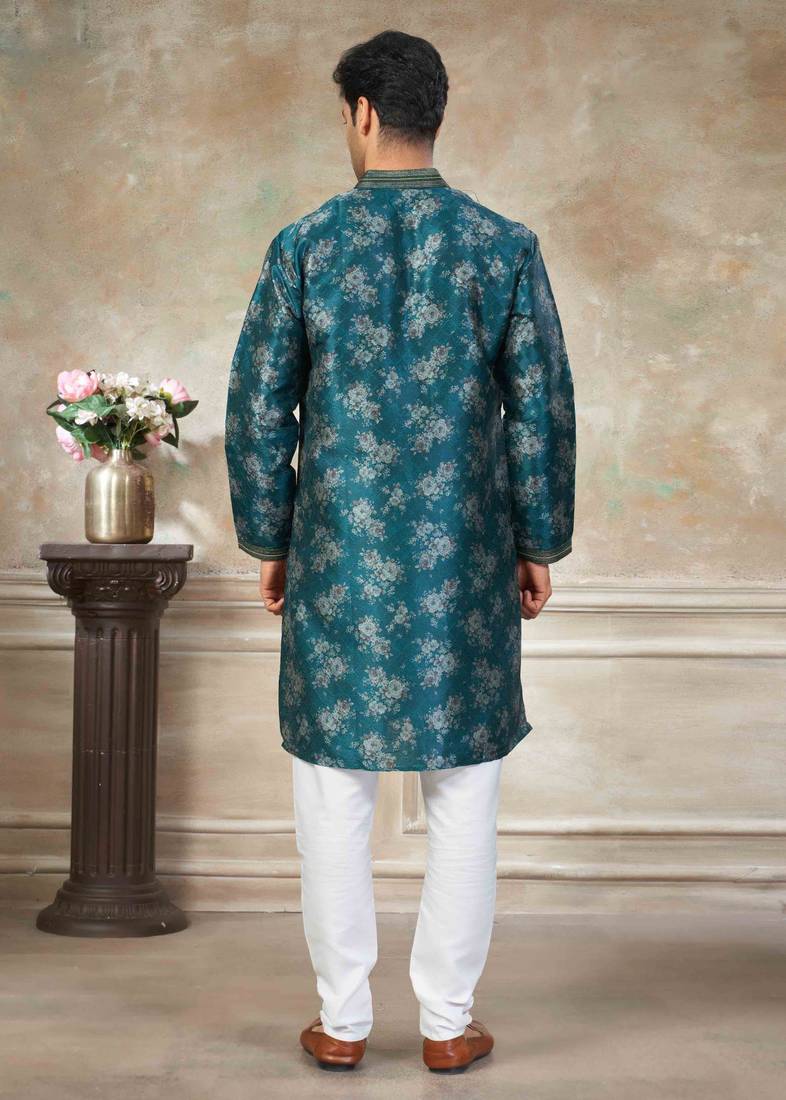 Teal blue colour cotton with embroidery work kurta payjama menswear collections