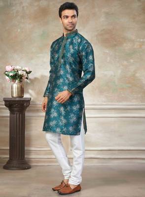 Teal blue colour cotton with embroidery work kurta payjama menswear collections 3