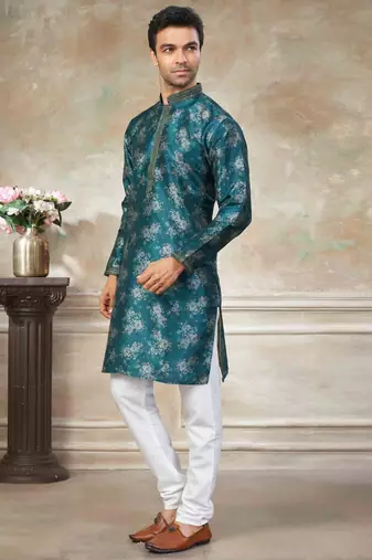 Teal blue colour cotton with embroidery work kurta payjama menswear collections