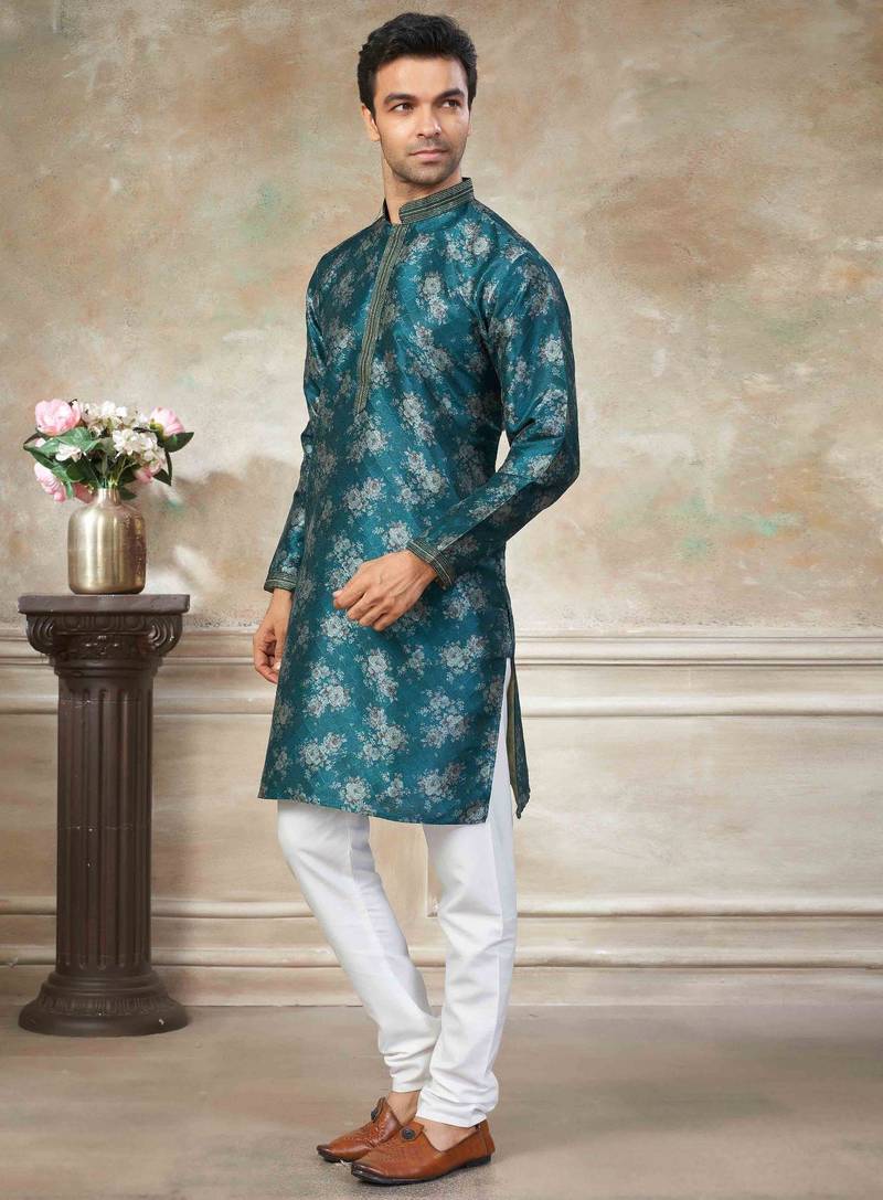 Teal blue colour cotton with embroidery work kurta payjama menswear collections