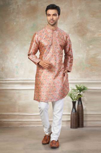 peach colour cotton with embroidery work kurta payjama menswear collections