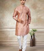 peach colour cotton with embroidery work kurta payjama menswear collections
