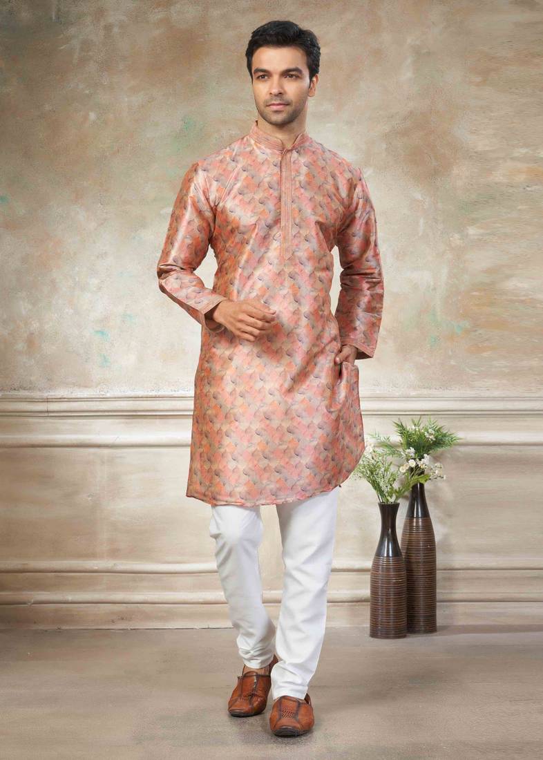 peach colour cotton with embroidery work kurta payjama menswear collections