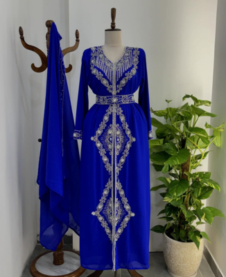 Blue Embroidered Moroccan Stitched Kaftan with Silver Thread Work & Waist Belt 1