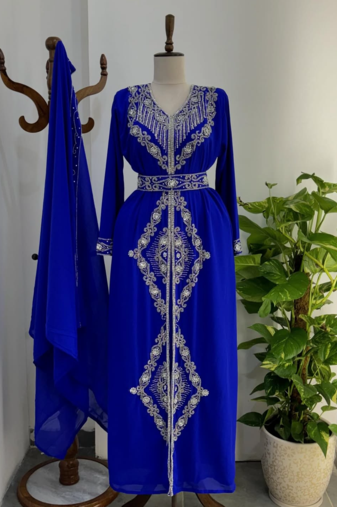 Blue Embroidered Moroccan Stitched Kaftan with Silver Thread Work & Waist Belt