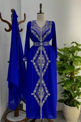 Blue Embroidered Moroccan Stitched Kaftan with Silver Thread Work & Waist Belt