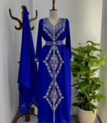 Blue Embroidered Moroccan Stitched Kaftan with Silver Thread Work & Waist Belt