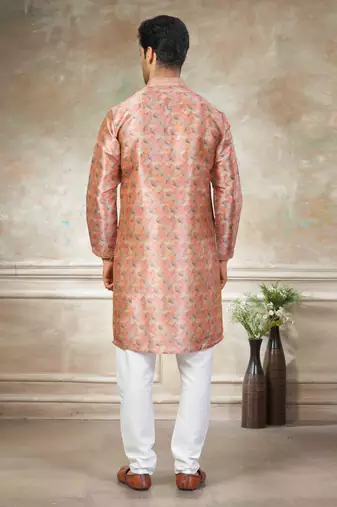 peach colour cotton with embroidery work kurta payjama menswear collections