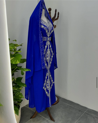 Blue Embroidered Moroccan Stitched Kaftan with Silver Thread Work & Waist Belt 2