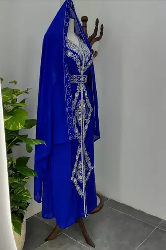 Blue Embroidered Moroccan Stitched Kaftan with Silver Thread Work & Waist Belt