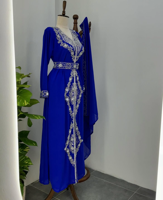 Blue Embroidered Moroccan Stitched Kaftan with Silver Thread Work & Waist Belt 3