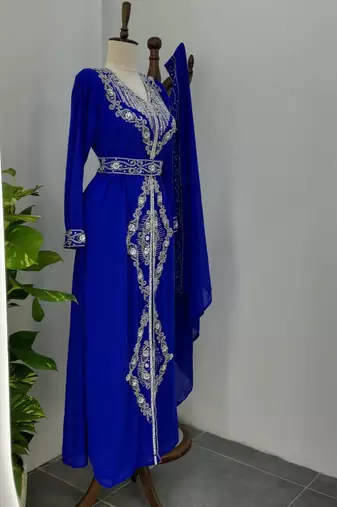 Blue Embroidered Moroccan Stitched Kaftan with Silver Thread Work & Waist Belt