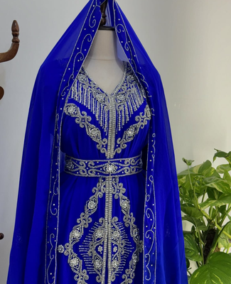 Blue Embroidered Moroccan Stitched Kaftan with Silver Thread Work & Waist Belt 4