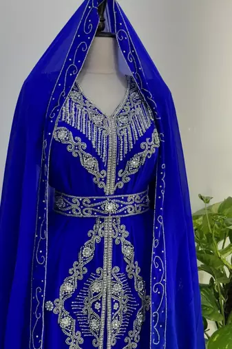 Blue Embroidered Moroccan Stitched Kaftan with Silver Thread Work & Waist Belt