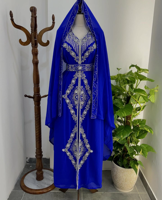 Blue Embroidered Moroccan Stitched Kaftan with Silver Thread Work & Waist Belt 5