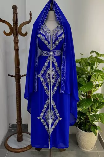 Blue Embroidered Moroccan Stitched Kaftan with Silver Thread Work & Waist Belt