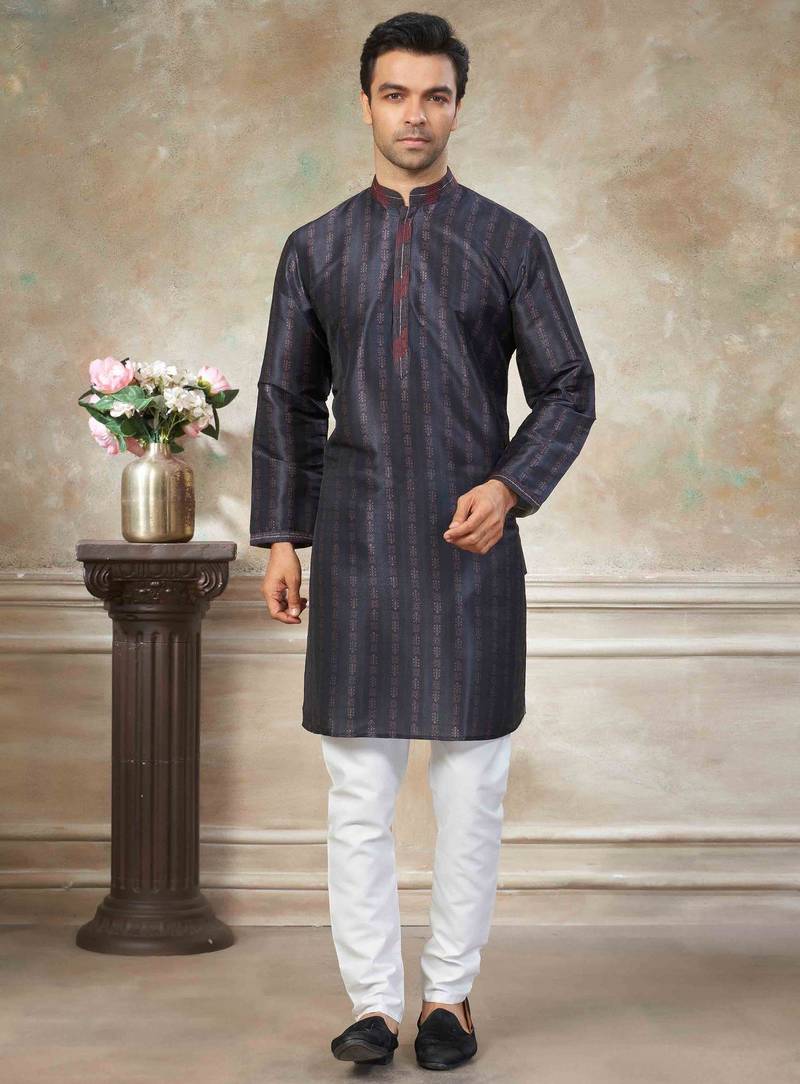 Dark blue colour cotton with embroidery work kurta payjama menswear collections