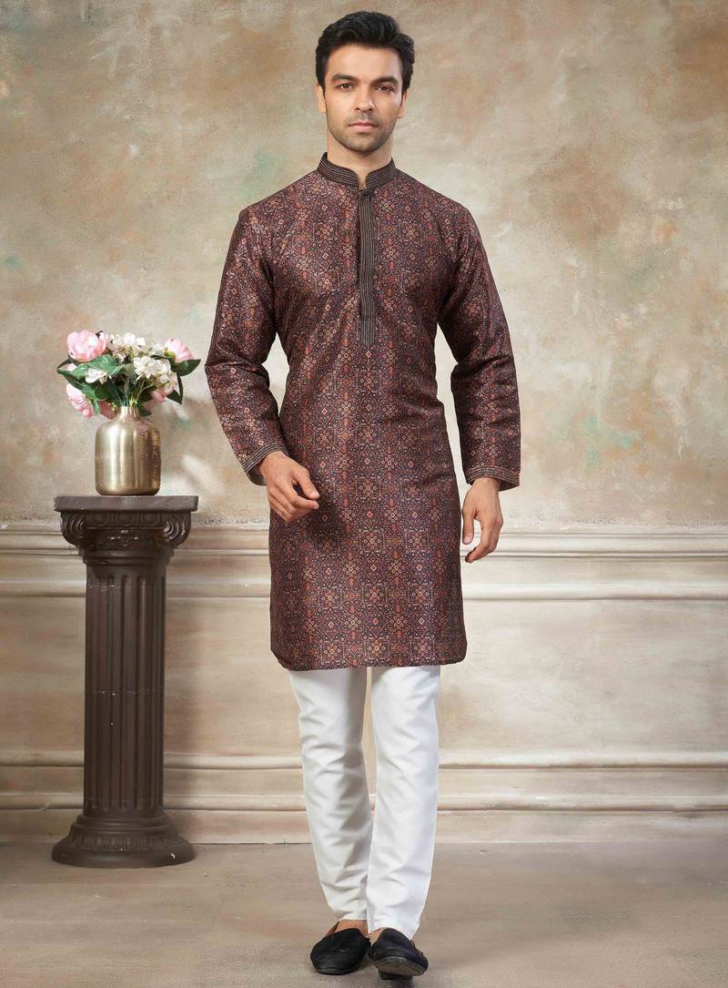 Brown colour cotton with embroidery work kurta payjama menswear collections