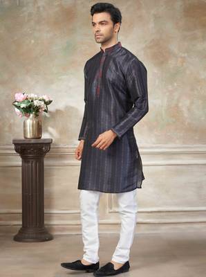 Dark blue colour cotton with embroidery work kurta payjama menswear collections 3