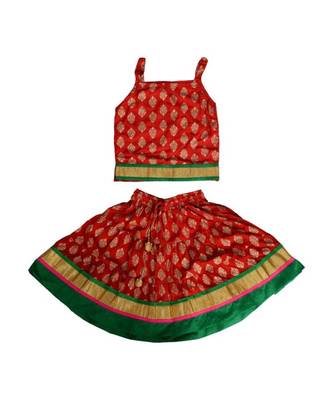 Red baby girls skirt and top self design hand block gold print 1