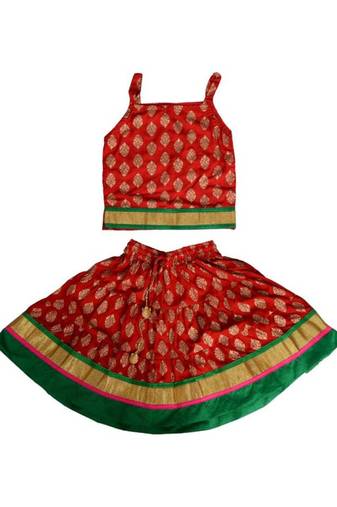 Red baby girls skirt and top self design hand block gold print