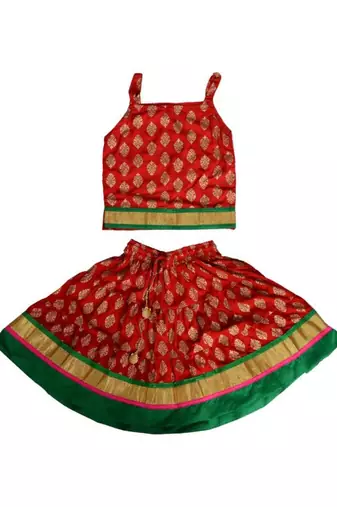 Red baby girls skirt and top self design hand block gold print