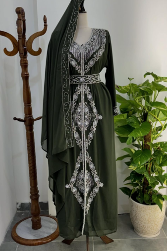 Dark Green Moroccan Stitched Kaftan with Silver Embroidery and Matching Dupatta