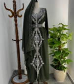 Dark Green Moroccan Stitched Kaftan with Silver Embroidery and Matching Dupatta