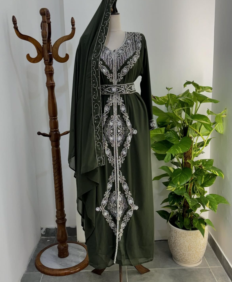 Dark Green Moroccan Stitched Kaftan with Silver Embroidery and Matching Dupatta