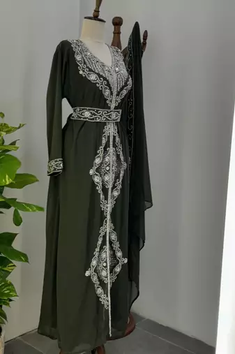 Dark Green Moroccan Stitched Kaftan with Silver Embroidery and Matching Dupatta