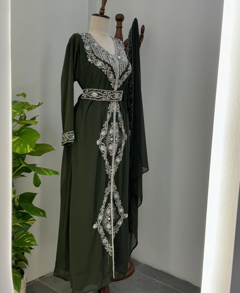Dark Green Moroccan Stitched Kaftan with Silver Embroidery and Matching Dupatta
