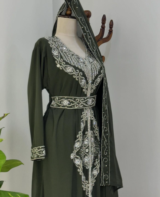 Dark Green Moroccan Stitched Kaftan with Silver Embroidery and Matching Dupatta 3
