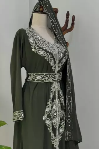 Dark Green Moroccan Stitched Kaftan with Silver Embroidery and Matching Dupatta