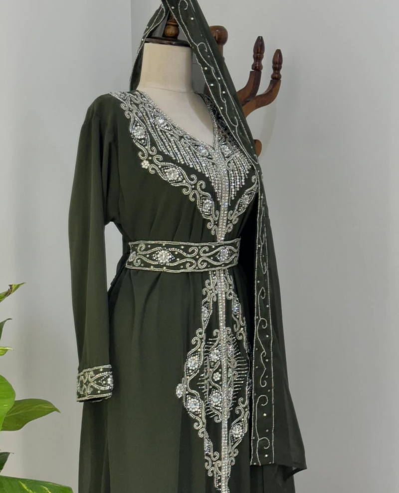 Dark Green Moroccan Stitched Kaftan with Silver Embroidery and Matching Dupatta
