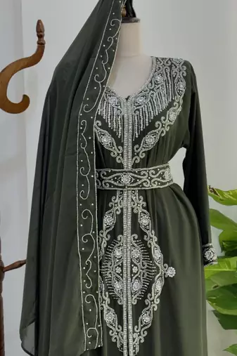 Dark Green Moroccan Stitched Kaftan with Silver Embroidery and Matching Dupatta