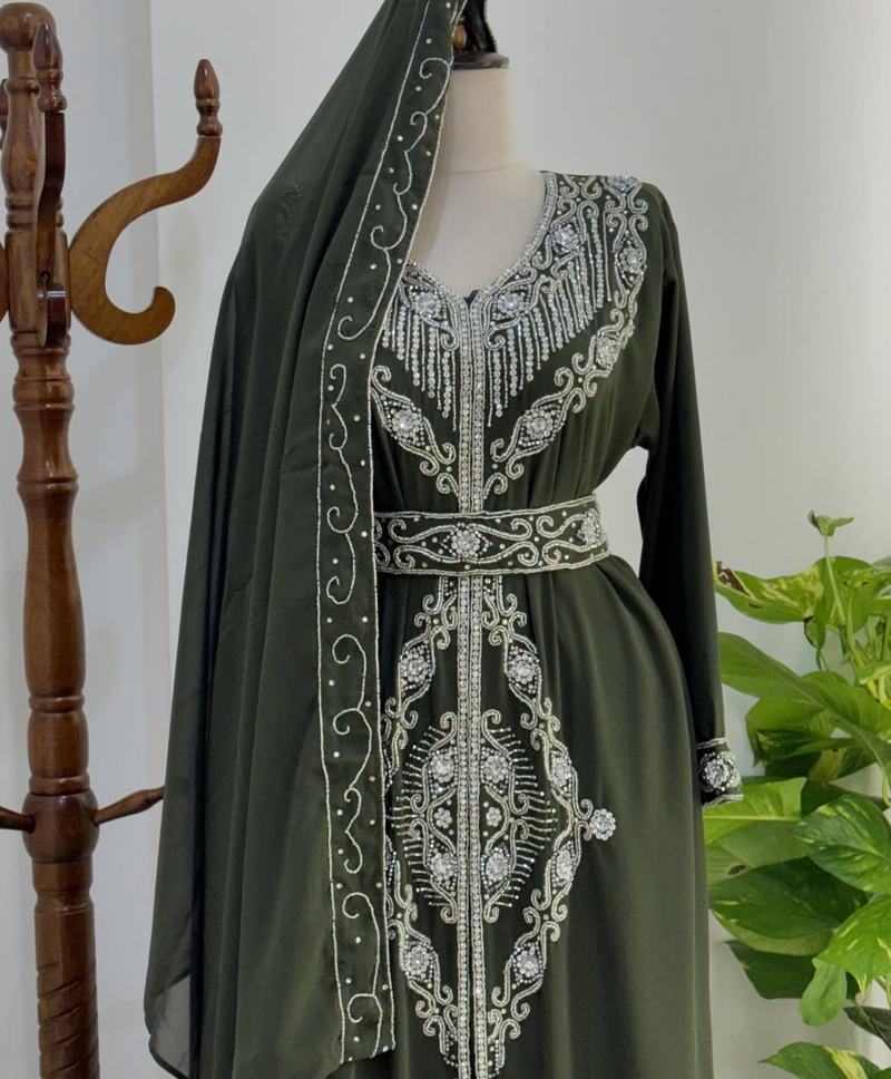 Dark Green Moroccan Stitched Kaftan with Silver Embroidery and Matching Dupatta