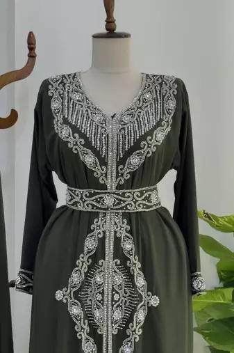 Dark Green Moroccan Stitched Kaftan with Silver Embroidery and Matching Dupatta