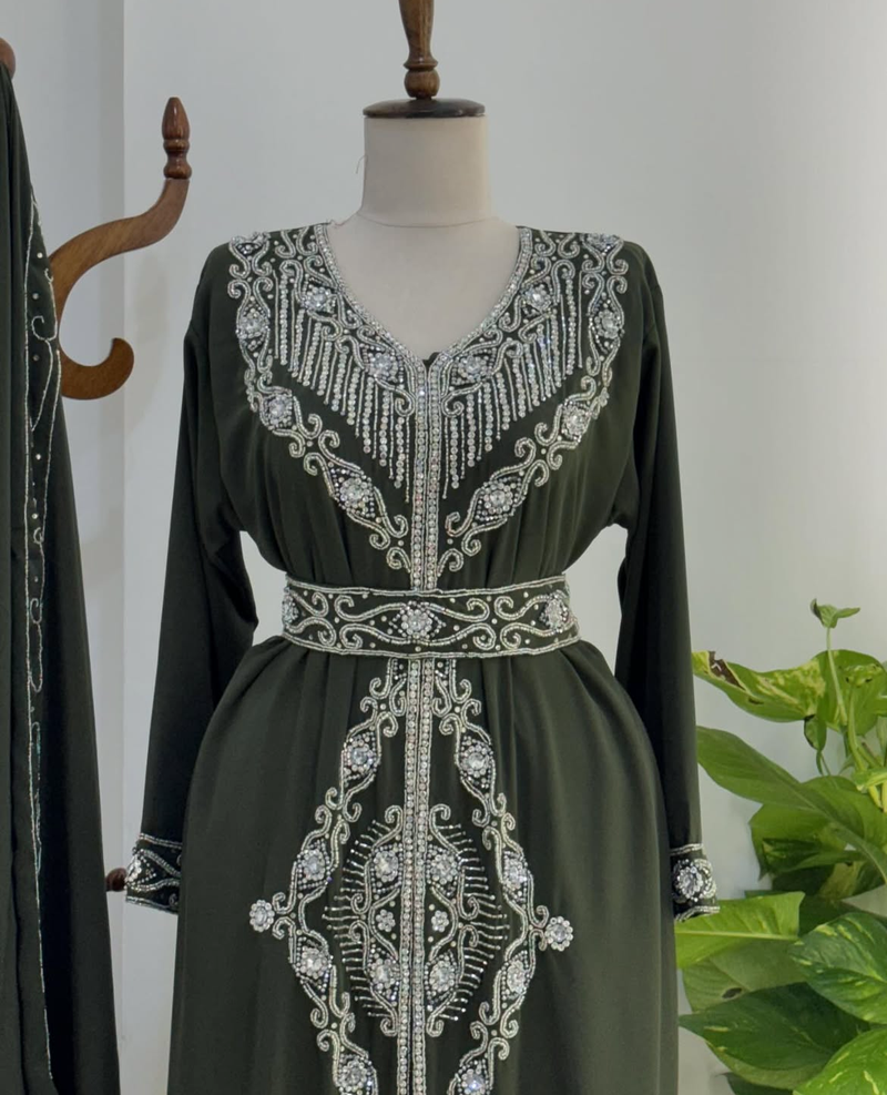 Dark Green Moroccan Stitched Kaftan with Silver Embroidery and Matching Dupatta