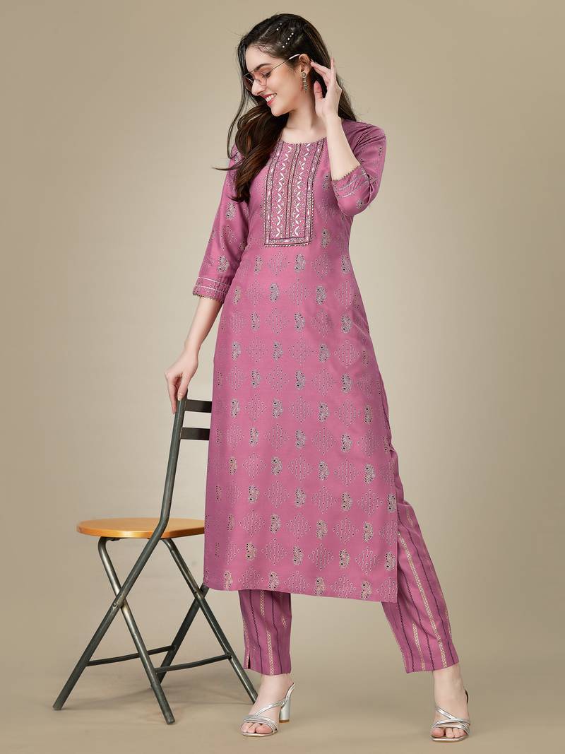 Lavender Rayon Kurta Salwar Set With Golden Sequin Embroidered