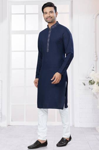Navy blue heavy cotton with embroidery work kurta pyjama for mens wear